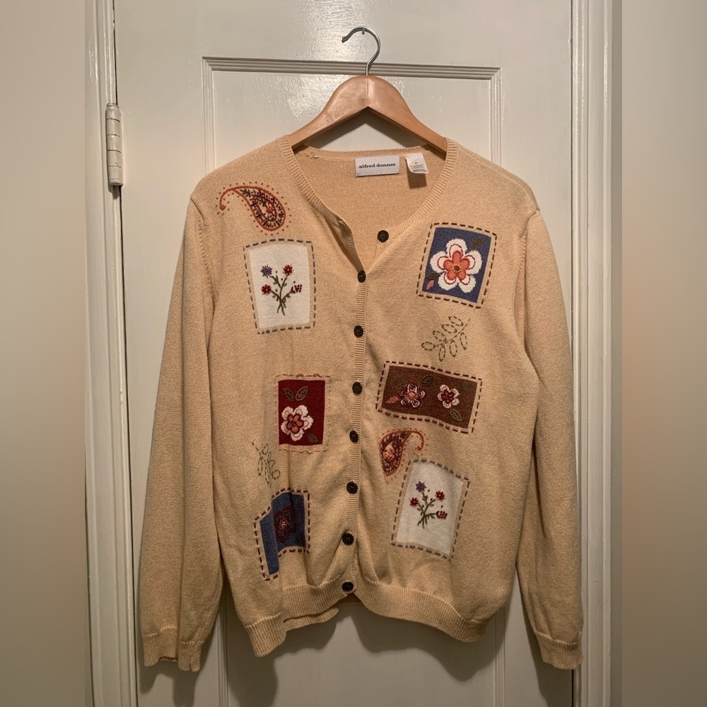 Alfred Dunner Floral Embroidered Patchwork Cardigan Sweater Floral Grannycore XL